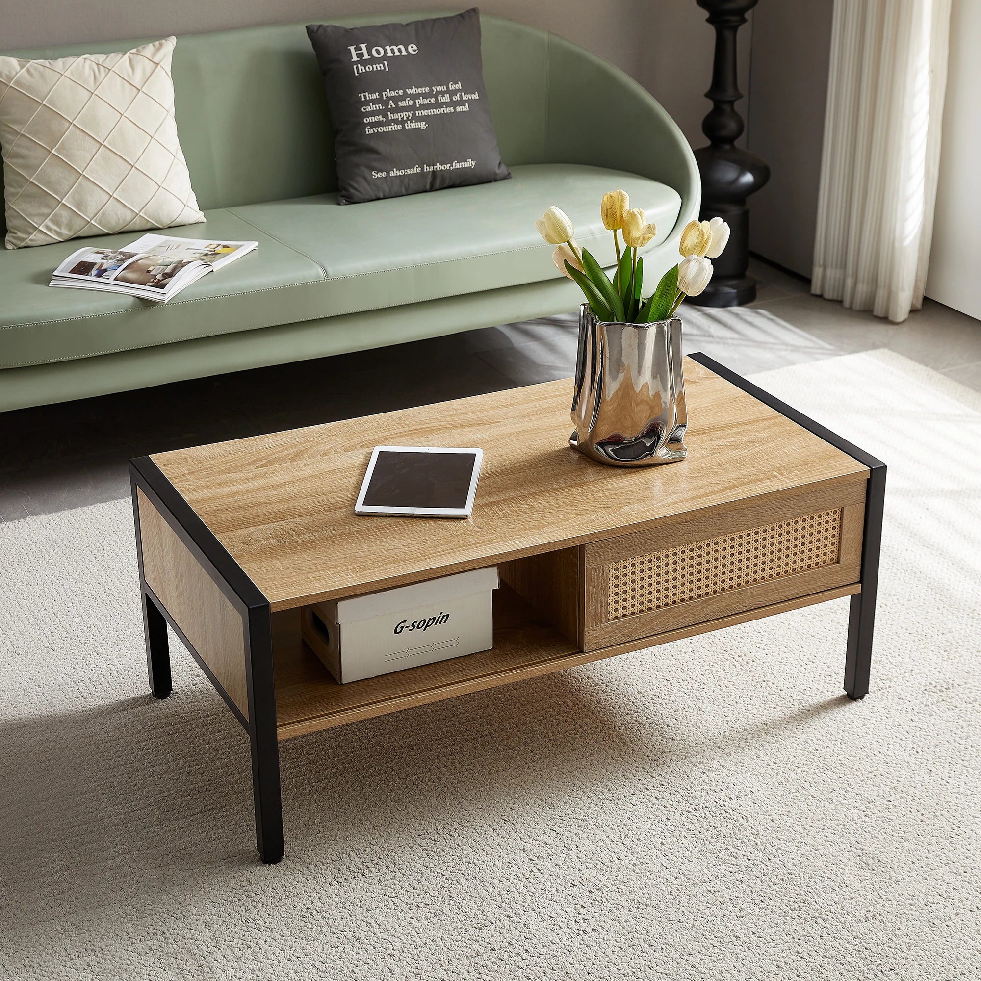Rattan Coffee Table Black Legs