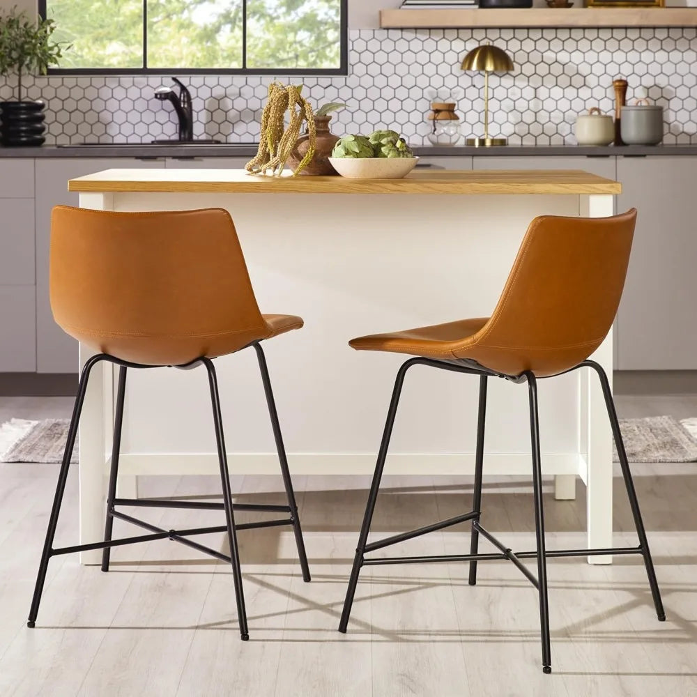 Modern Faux Leather Counter Stool, Set of 2, Whiskey Brown