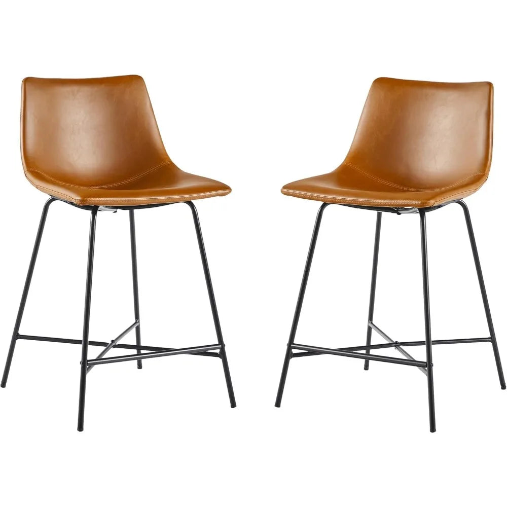 Modern Faux Leather Counter Stool, Set of 2, Whiskey Brown