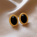 Aesthetic Gold Color Metal Line Black Oval Shaped Earings